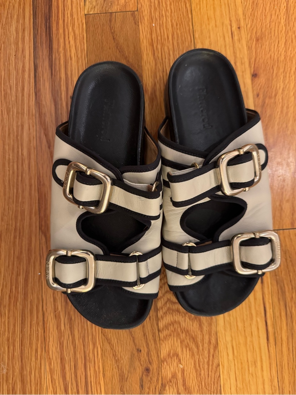 Flattered Black Leather Slide Sandals with Gold Buckles